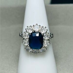 Lab created blue sapphire with cubic zirconia size 8 Princess Diana Style